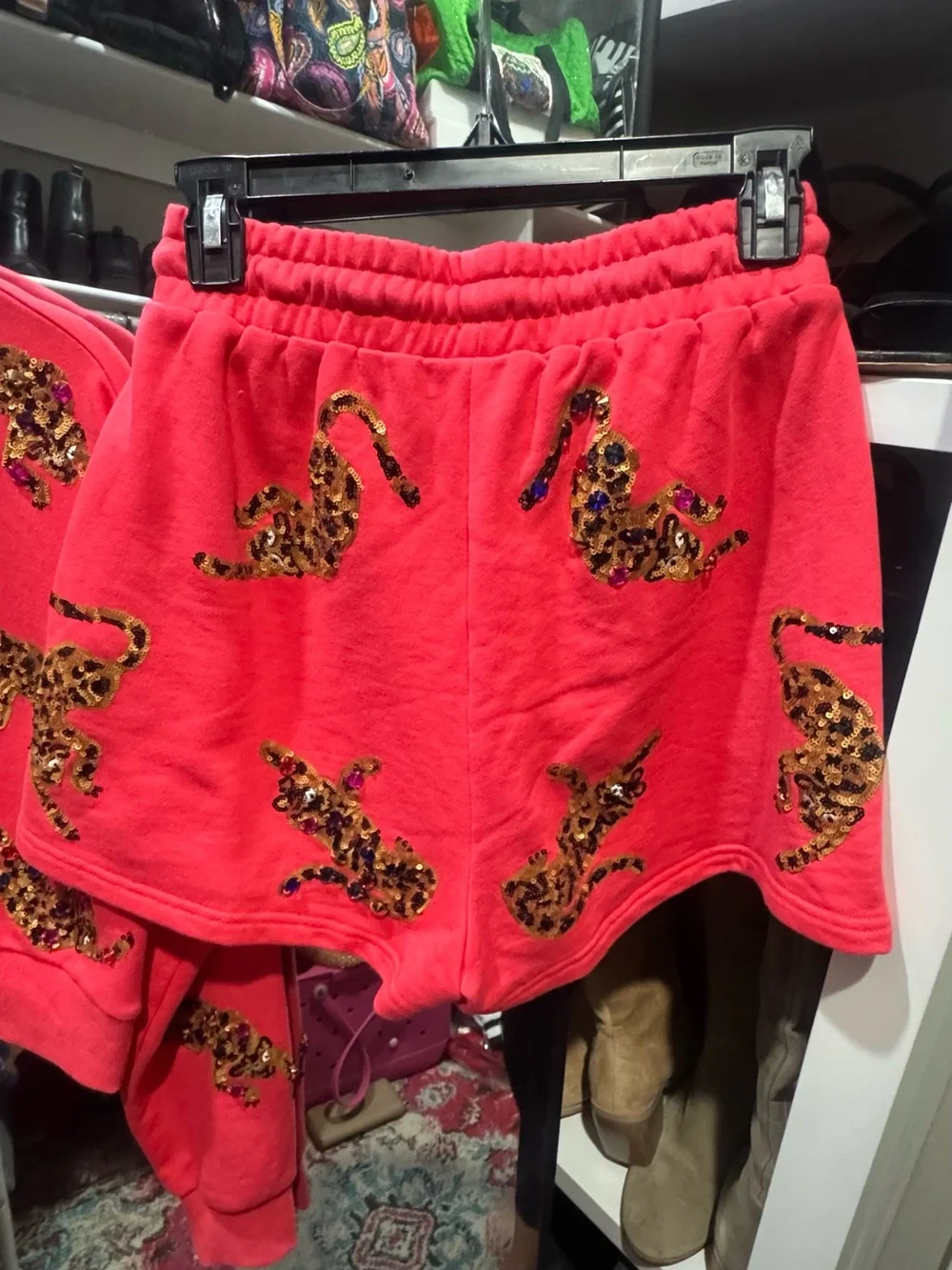 QUEEN OF SPARKLES Red Leopard Sequin Sweatshirt & Shorts Set